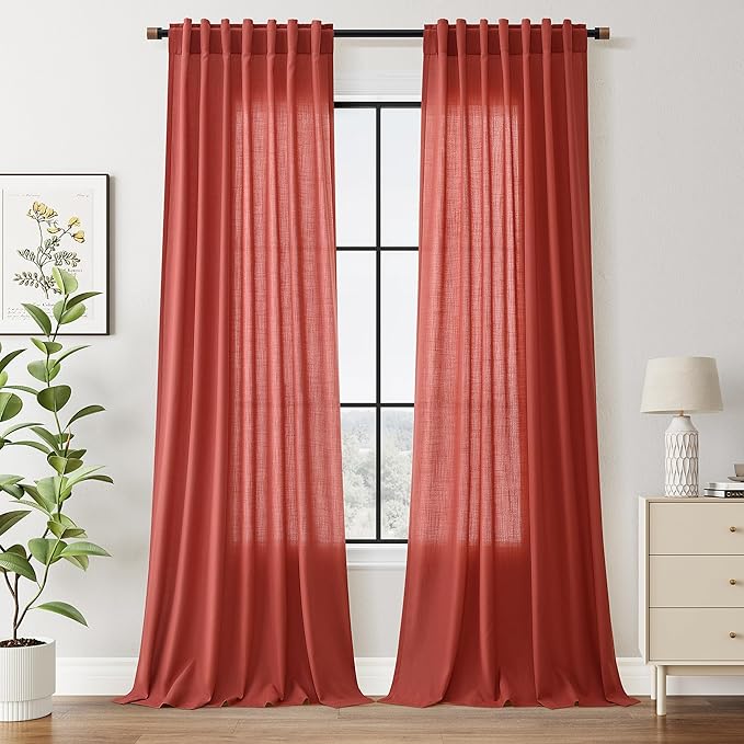 Christmas Red Linen Curtains 90 Inches Long for Living Room Light Filtering Semi Sheer Curtain Back Tab and Rod Pocket Vintage Rustic Luxury Home Decor Neutral Drapes for Bedroom 52x90, 2 Panels