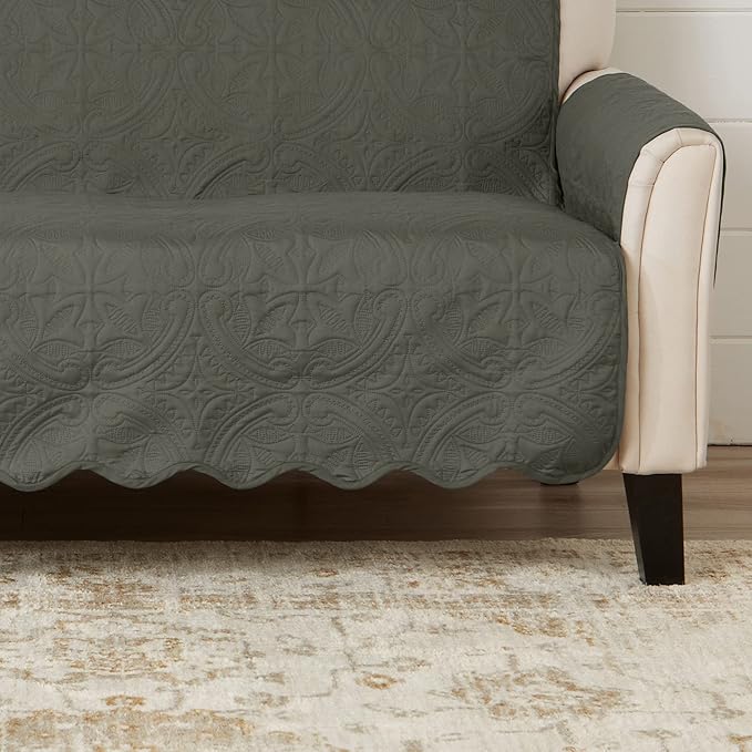 Great Bay Home Reversible Loveseat Cover - Washable Slipcover Furniture Protector with Elastic Straps - Perfect for Kids & Pets - Quilted & Stitched Detail (Sage Green/Light Gray)