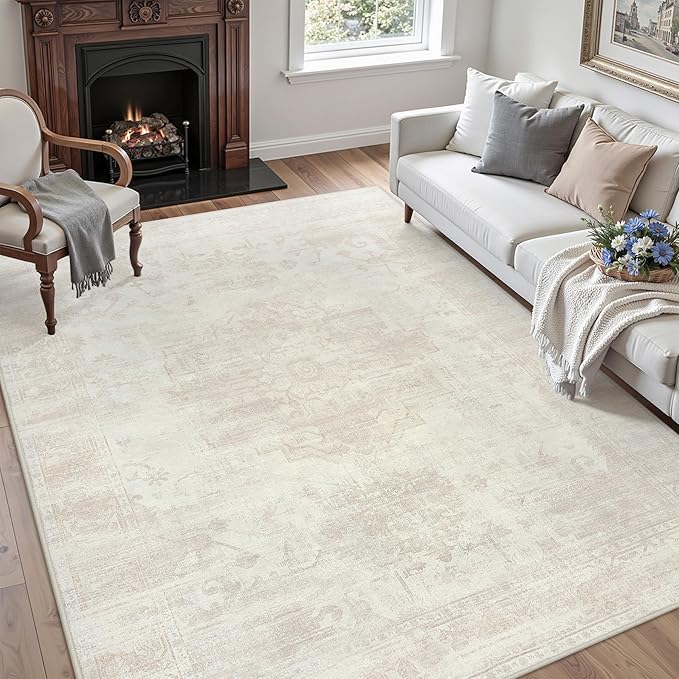 5x7 Area Rugs for Living Room: Vintage Boho Neutral Washable Rug Indoor Soft Large Area Rug Carpet for Bedroom Nursery Farmhouse Dining Room Office Floor Non-Slip Low Pile Under Table Rug Cream Beige