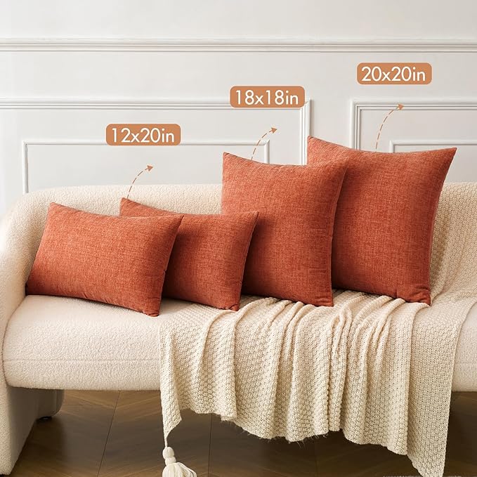 MIULEE Pack of 2 Couch Throw Pillow Covers 20x20 Inch Soft Burnt Orange Chenille Pillow Covers for Sofa Living Room Solid Dyed Pillow Cases
