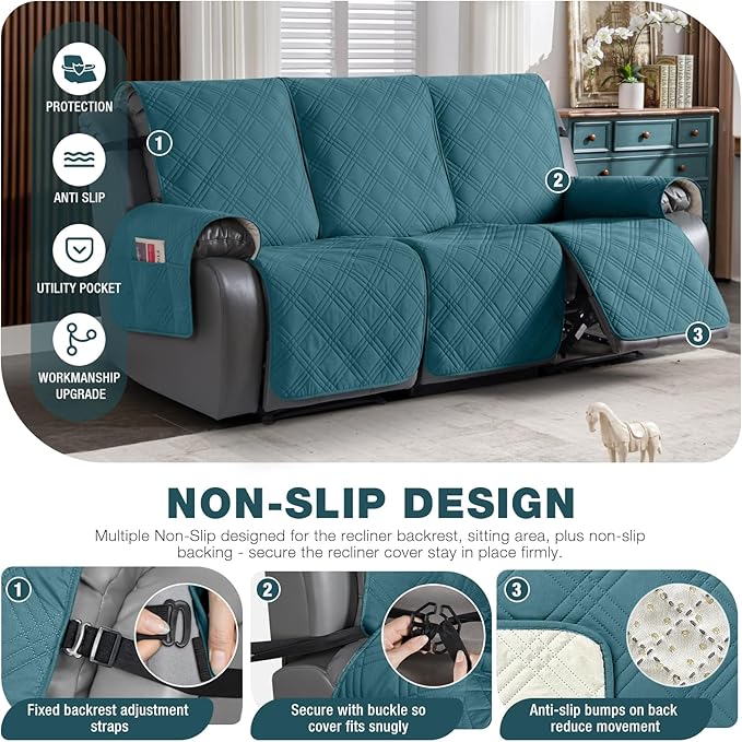 TAOCOCO 100% Waterproof Recliner Sofa Cover, Non Slip Split Couch Covers for Reclining Couches with Straps, Washable Reclining Sofa Cover Furniture Protector for Kids Pets(3 Seater, Peacock Blue)