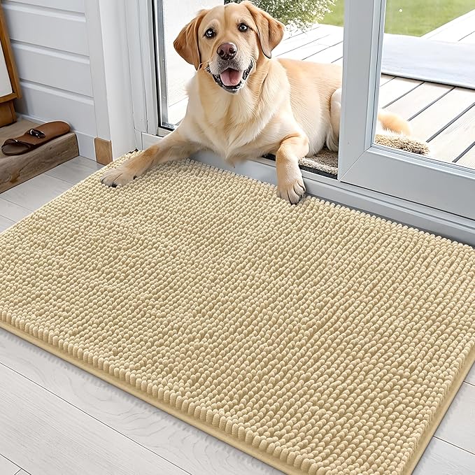 OLANLY Dog Door Mat for Muddy Paws 35x24, Absorbs Moisture and Dirt, Absorbent Non-Slip Washable Doormat, Quick Dry Chenille Mud Mat for Dogs, Entry Indoor Entryway Carpet for Inside Floor, Sand