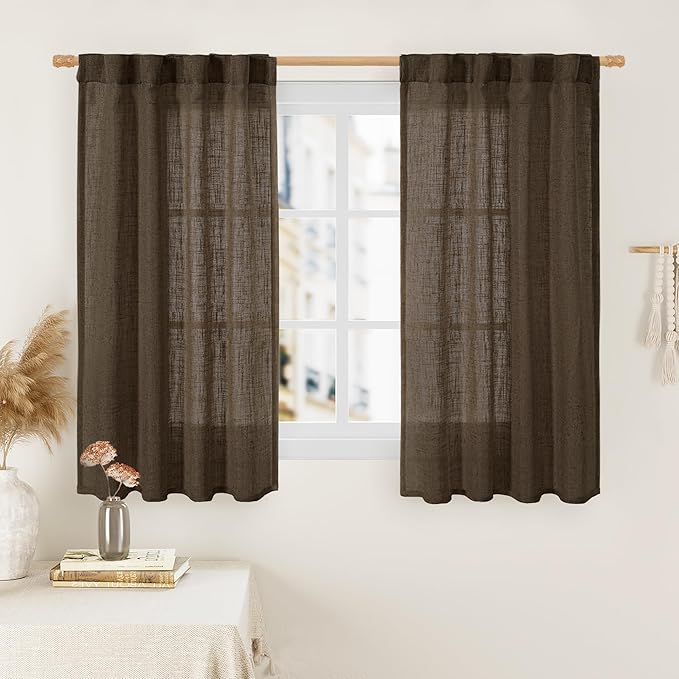LAMIT 54 Inch Length Linen Curtains for Small Window, Semi Sheer Light Filtering Panels Back Tab and Rod Pocket Neutral Drapes for Bedroom, Dark Brown, 2 Panels, 34 x 54 Inch