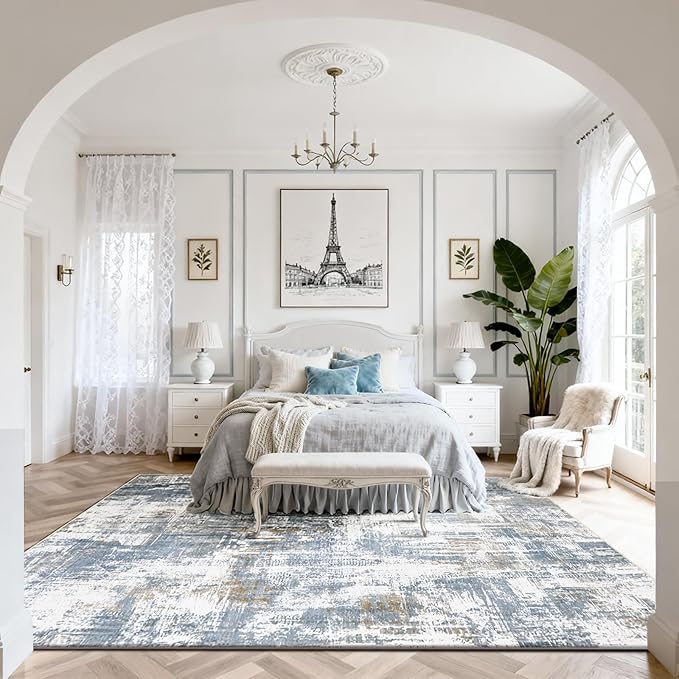Washable Rugs 8x10 Area Rugs for Living Room,Modern Abstract Rugs for Bedroom,Large Carpets,Ultra Soft Faux Wool Dining Room Rug,Non Slip Low Pile Print Rug- Blue- (White-Reddish Brown)