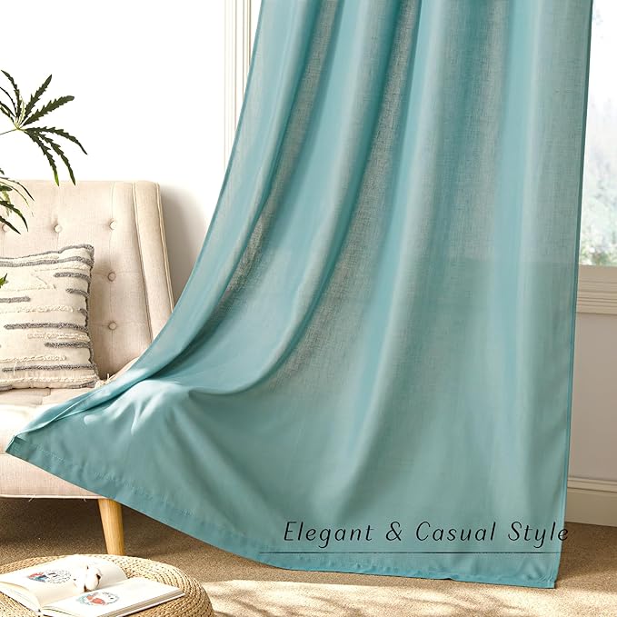 NICETOWN Greyish Blue Linen Curtains for Kitchen, Thick Flax Small Window Treatments Semi Sheer Privacy Assured with Light Through for Cafe/Bathroom, W55 x L84, 2 Panels