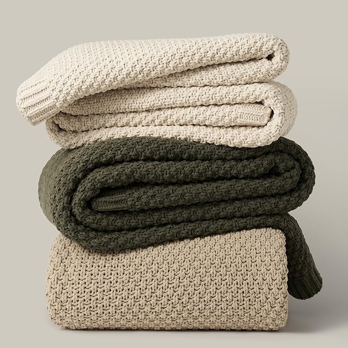 EVERGRACEHOME Chunky Chenille Knit Throw Blanket for Couch, Soft Luxurious Oversized King Moss Stitch Blanket for Bed, Large Cozy Farmhouse Knitted Throw for Sofa, Beige, 92" x 108"