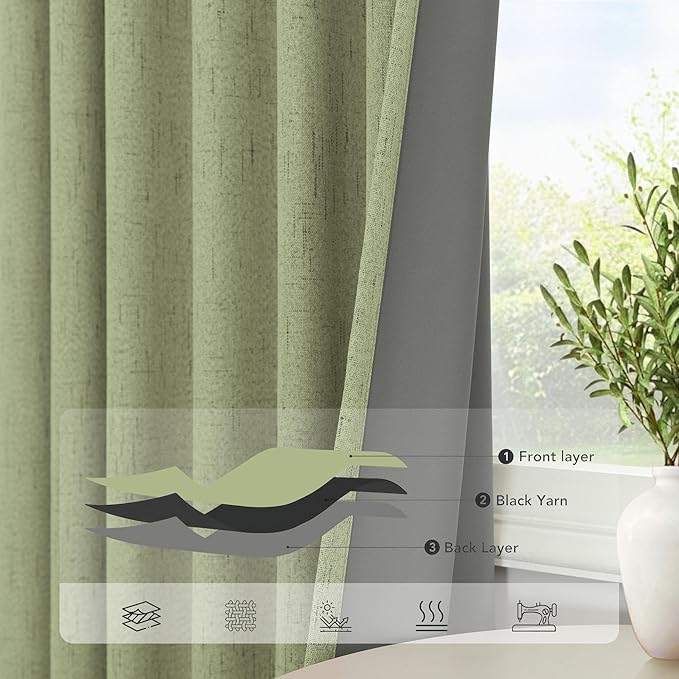 Light Sage Blackout Curtains for Bedroom Aesthetic 54 Inch Long 2 Panel Thermal Insulated Darkening Vintage Curtains for Small Window Short Length Classroom Playroom Linen Look Cottage Core Sage Green