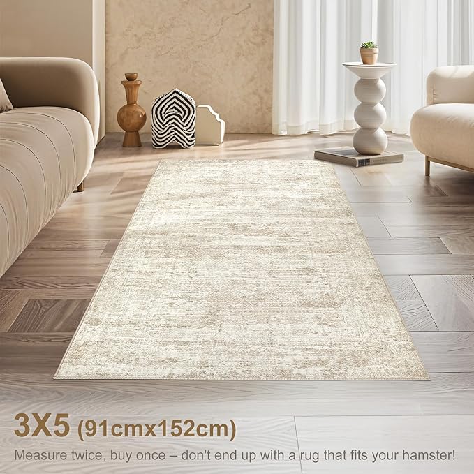 UERMEI 3x5 Area Rug Living Room Rugs - Washable Neutral Modern Abstract Soft Thin Rug Indoor Floor No Slip Rug Carpet for Bedroom Under Dining Table Home Office Decor - Beige/Brown