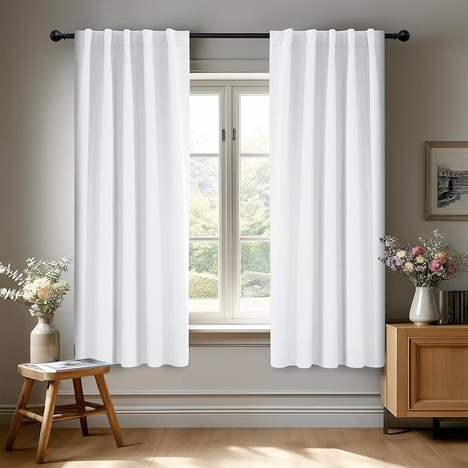 Deconovo Semi 50% Light Blocking Pure White Curtains - Solid Back Tab and Rod Pocket Room Darkening Curtains for Kids' Bedroom, 42x63 Inch, 2 Panels, Adult