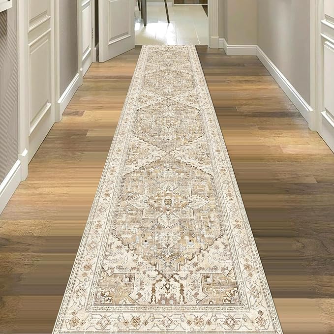 Yamaziot Washable Runner Rug, 2x10 Non-Slip Boho Vintage Hallway Rug Runner with Rubber Backing, Stain Resistant Faux Wool Distressed Carpet Runner for Kitchen, Laundry, Entrance, Beige Brown