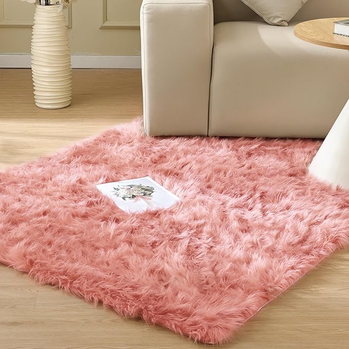 ORINOVA Pink Faux Sheepskin Fuzzy Fur Rugs for Bedroom Washable Shaggy Area Rugs for Living Room 3x5 Nursery Rug