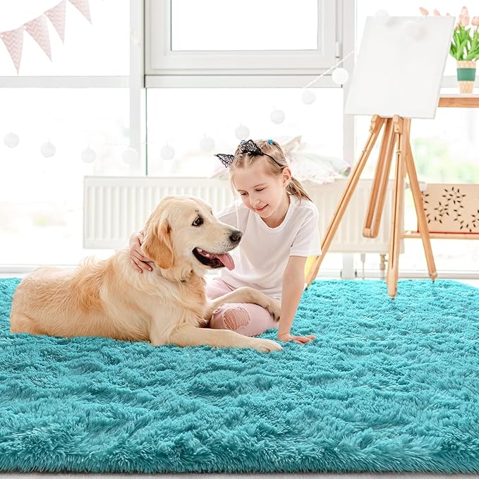 LOCHAS Ultra Soft Indoor Modern Area Rugs Fluffy Living Room Carpets for Children Bedroom Home Decor Nursery Rug 4x5.3 Feet,Teal Blue