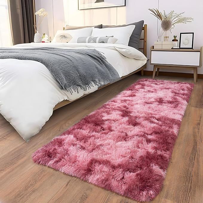 Soft Runner Rugs for Bedroom Hallways, 2x6 Tie-Dyed Blush Pink Fluffy Shag Throw Area Rug Non Slip for Bedside Dorm, Long Shaggy Furry Carpet for Nursery Living Room