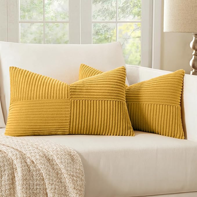 MIULEE Mustard Yellow Decorative Lumbar Throw Pillow Covers 12x20 Inch for Couch Bed Sofa Pack of 2 Boho Farmhouse Throw Pillows Soft Cross Corduroy Patchwork Textured Cushion Cases
