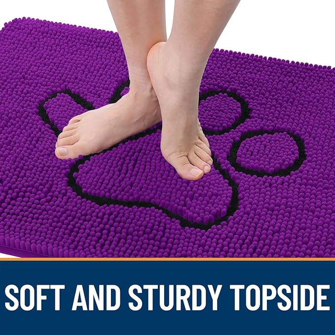 OLANLY Dog Door Mat for Muddy Paws 30x20, Paw Print Design, Absorbs Moisture and Dirt, Absorbent Non-Slip Washable Doormat, Quick Dry Chenille Mud Mat for Dogs, Entry Indoor Entryway Carpet, Purple