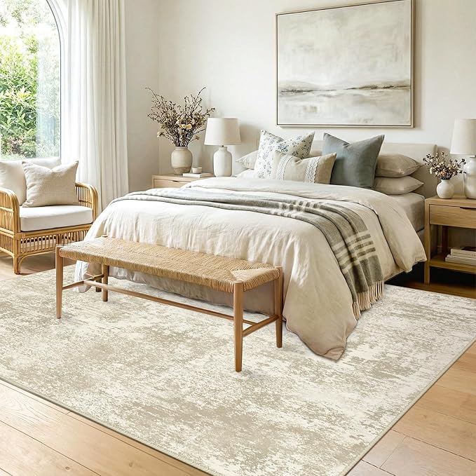Washable Area Rugs 6'x9' Non-Slip Modern Abstract Soft for Living Room Entryway Bedroom Nursery, Print Pattern, Beige Cream Brown