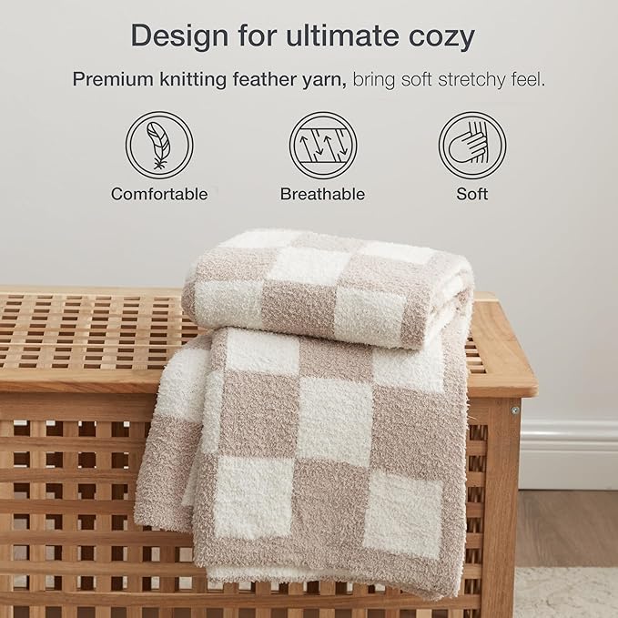 EXQ Home Checkered Throw Blanket, Knitted Blanket with Checkerboard Grid Pattern, Soft Cozy Fluffy Blankets for Couch Bed Sofa, Warm Fuzzy Plaid Blanket for All Seasons (Taupe, 50"×60")