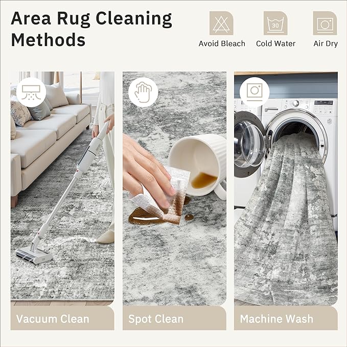 Abstract Rug 8x10 Large Living Room Rugs Neutral Modern Washable Area Rugs for Bedroom Dining Room Non-Slip Stain Resistant Foldable Thin Rug Gray White