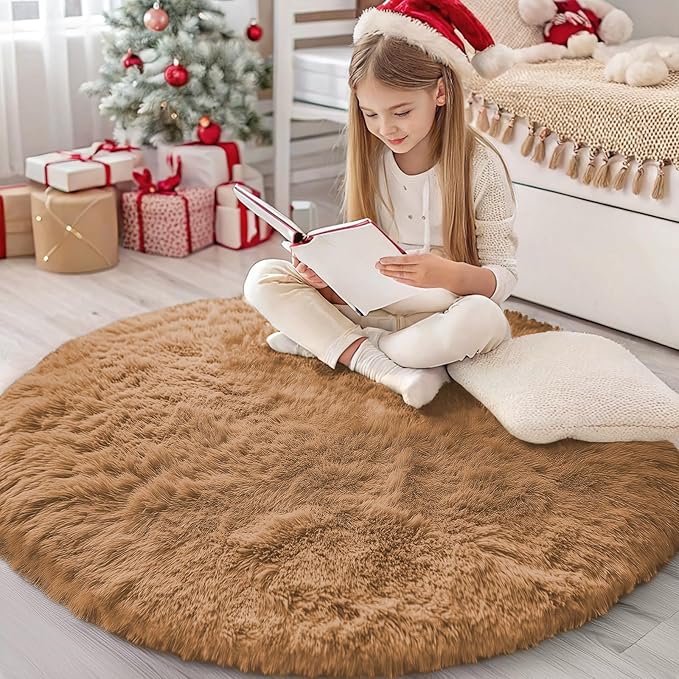 OLANLY Khaki Round Rugs for Bedroom - Machine Washable, 4 ft Circle Area Rugs for Living Room, Soft and Fluffy Shaggy Carpet for Teen Girl and Boys, Nursery Rooms, Dorms, Home Decor Aesthetic
