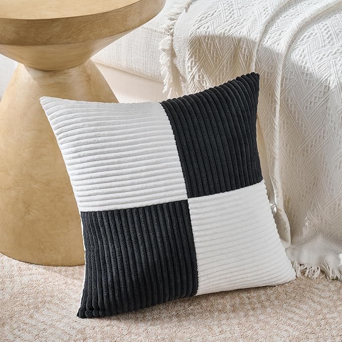 Fancy Homi Set of 2 Black White Decorative Throw Pillow Covers 22x22 Inch for Living Room Couch Bed Sofa, Farmhouse Boho Home Decor, Soft Cross Corduroy Patchwork Accent Square Cushion Case 55x55 cm