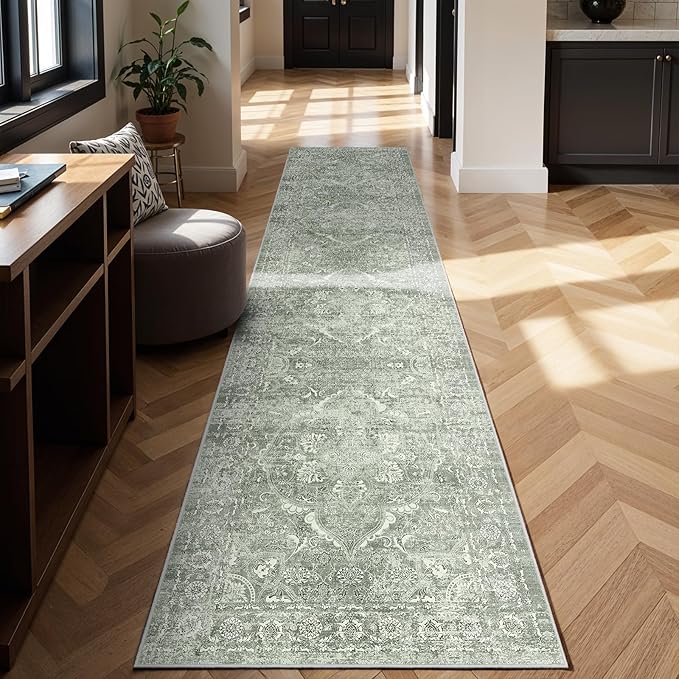 Washable 3x14 Runner Rug - Non-Slip Vintage Rug for Entryway Low-Pile Medallion Long Rugs for Hallway Waterproof Traditional Runner Rug Indoor Thin Rug for Kitchen (Muted Sage Green)