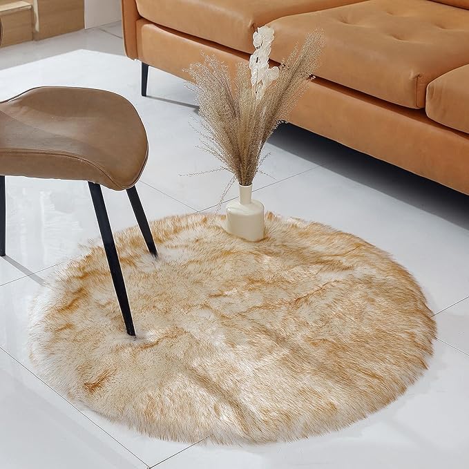 linmopm Faux Fur Rug Sheepskin Shag Fluffy Fuzzy 3x3 ft Rugs for Bedroom Bedside Bed Floor Living Room Plush Round High-Density Cushion Carpet Super Sofa Cover White and Yellow