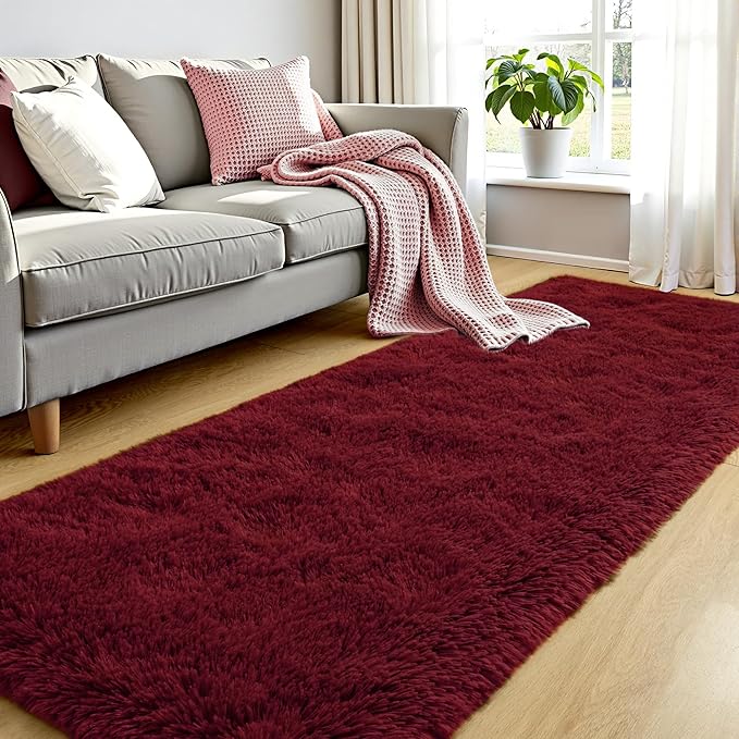 Tepook Soft Runner Rugs for Bedroom 2x6 with Rubber Backing, Burgundy Red Fluffy Rugs for Hallway, Shag Bedside Rug Fuzzy Plush Carpet for Living Room Dorm Nursery Indoor Home Decor