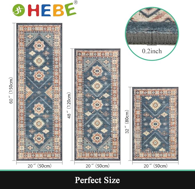 HEBE Boho Kitchen Rug Sets 3 Piece with Runner Non Slip Kitchen Rugs and Mats Washable Kitchen Mats for Floor Thick Kitchen Floor Mat Carpet Runner Rugs for Hallway Laundry Holiday Decor