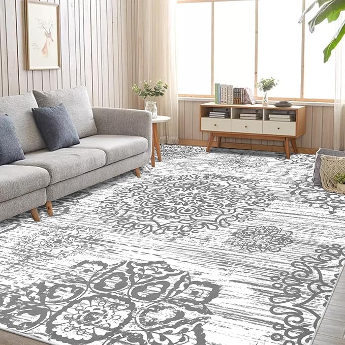 HEBE Washable Area Rug - 9'x12' Non Slip Soft Distressed Medallion Bedroom & Living Room Accent Throw Vintage Entry Floor Carpet for Dining Room & Bathroom