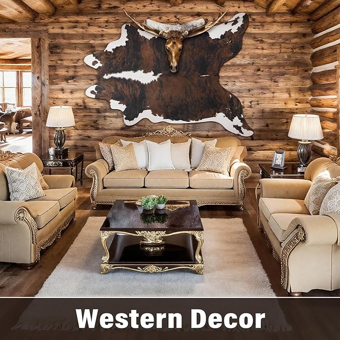 AROGAN Western Decor Faux Fur Cowhide Rug, 4.6x5.2 Feet Premium Animal Skin Cow Hide Rug, Sturdy Cow Print Rugs for Wall Decor, Western Floor Carpet for Bedroom Living Room, Black and Brown