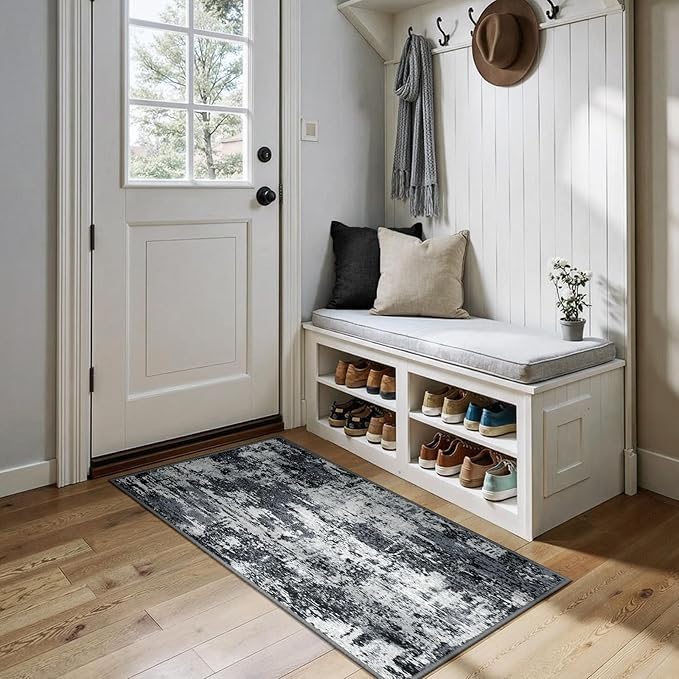 Washable Area Rugs 2'x5' Non-Slip Modern Abstract Soft for Living Room Entryway Bedroom Nursery, Print Pattern, Black Navy Blue Gray