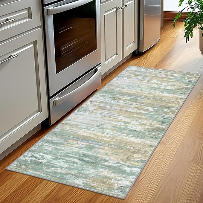 KOZYFLY Kitchen Runner Rug for Hallway Non-Slip Modern Abstract Runner Rug 2x5 Light Green Yellow, Washable Carpet Runner Laundry Room Mat with Soft Low Pile for Entryway Bathroom Bedroom Kitchen