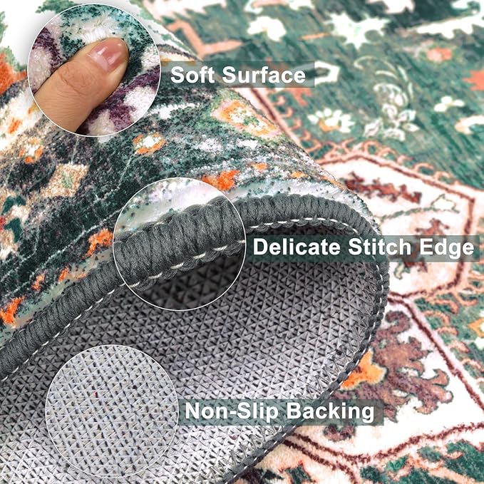 Yamaziot Washable Area Rug, 2x3 Small Entryway Rug Non-Slip Boho Vintage Rug with Rubber Backing, Low Pile Faux Wool Soft Distressed Floor Carpet for Indoor Door Mat, Kitchen, Laundry Bathroom