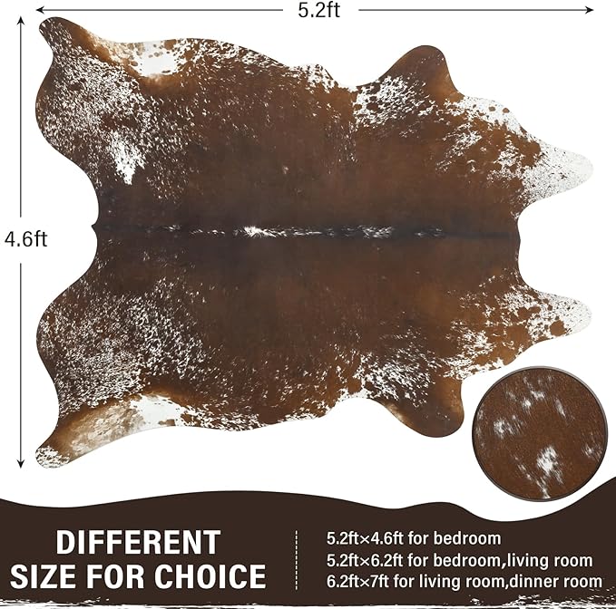 AROGAN Western Decor Faux Fur Cowhide Rug, 4.6×5.2 Feet Premium Animal Skin Cow Hide Rug, Sturdy Cow Print Rugs for Wall Decor, Western Floor Carpet for Bedroom Living Room, Spotted Brown