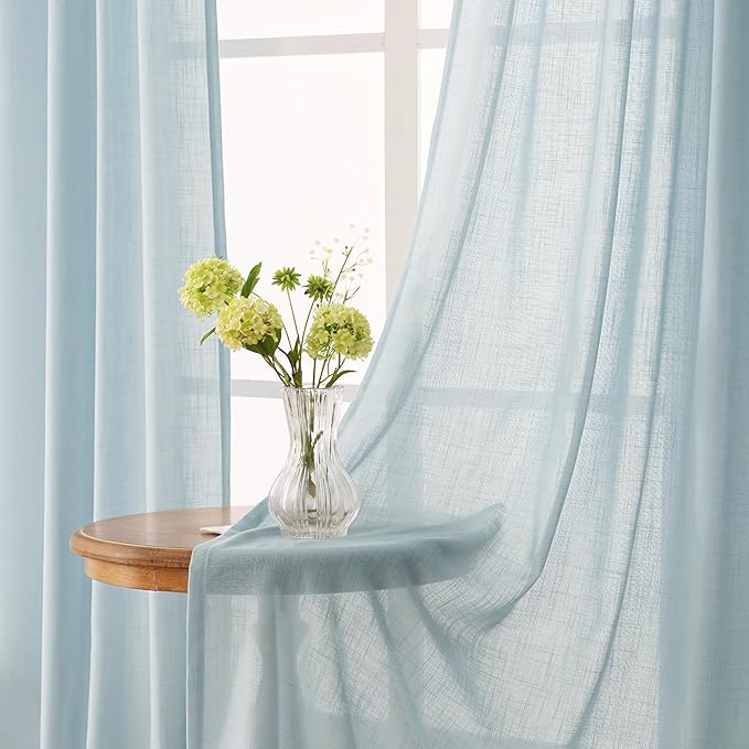 Sky Blue Curtains 120 inch Length for Bedroom Back Tab Light Filtering Semi Sheer Blue Living Room Curtains Linen Cotton Textured Drapery Panel Aesthetic Decor Light Blue 52x120
