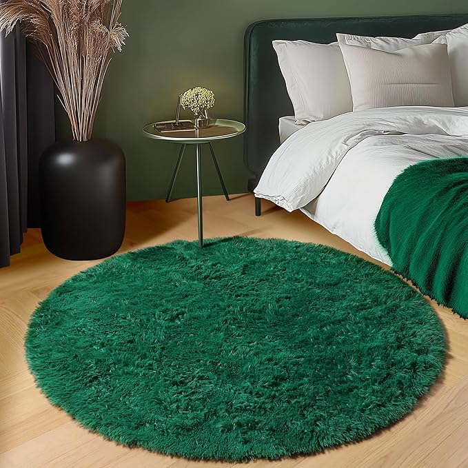 ONASAR Dark Green Round Area Rugs 6ft, Ultra Soft Bedroom Circle Rug for Kids Girls Teen Room, Furry Plush Shaggy Carpet Floor Mat for Baby Nursery Living Room Playroom Dorm Home Decor