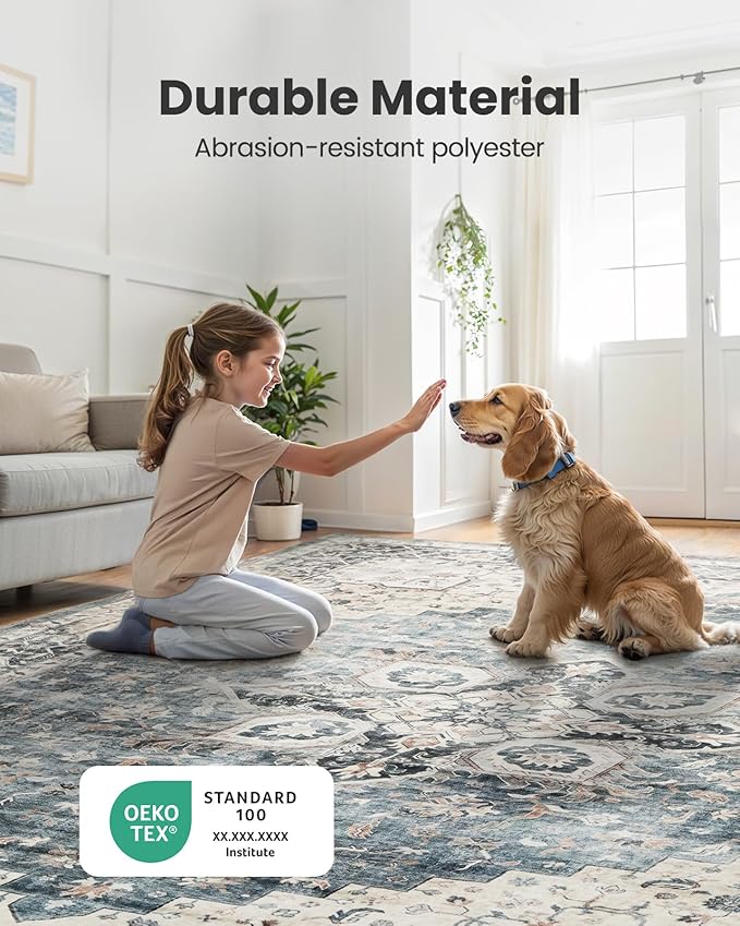 AMADA HOMEFURNISHING 8x10 Washable Area Rug, Low-Profile with Non-Slip Backing & Durable Edge Binding, Vintage Large Rugs for Living Room, Bedroom, Dining Room, Blue