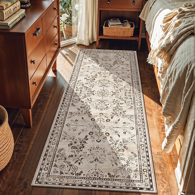 Yamaziot Washable Runner Rug 2x6 – Non Slip Boho Floral Hallway Runner Rug with Rubber Backing, Low Pile Faux Wool Distressed Carpet for Kitchen, Laundry, Bedroom, Entrance, Brown