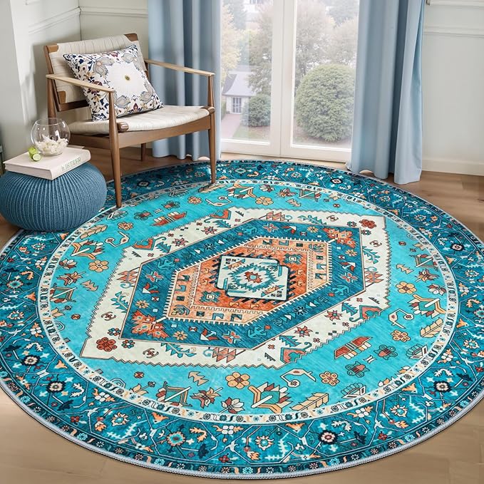 SERISSA Boho Round Area Rug, 5ft Washable Non-Slip Circle Rug, Ultra Soft Oriental Vintage Blue Low-Pile Circular Carpet for Bedroom Entryway Kids Room Office College Dorm Living Room