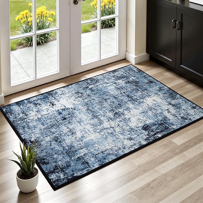 Rugflix 2x3 Entrance Rugs, Entry Rug Washable Non-Slip Stain-Resistant Low Pile Small Modern Dark Carpet, for Living Room Bedroom Indoor, Navy Blue/Black