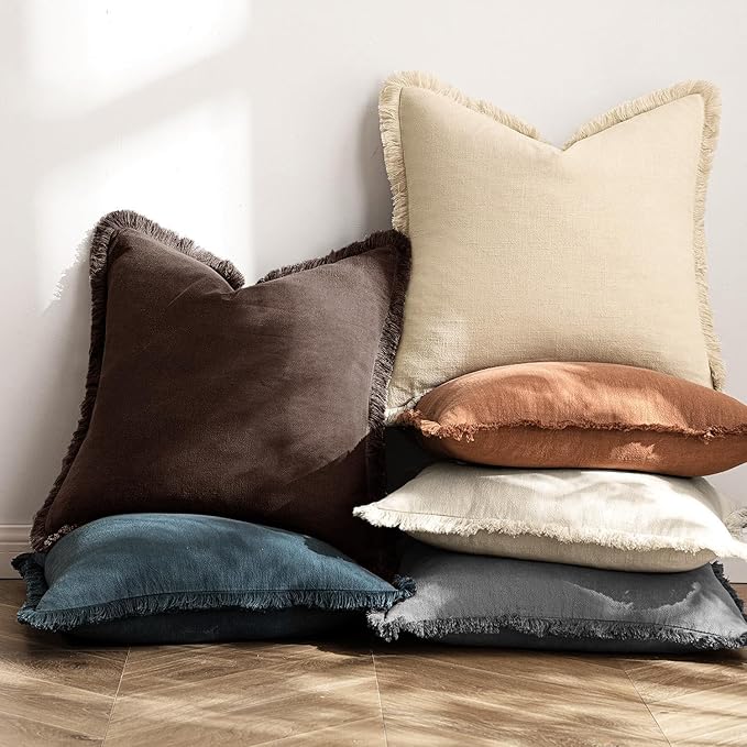 MIULEE Decorative Throw Pillow Covers Neutral Linen Fringe Throw Pillows Set of 2 Dark Brown Boho Farmhouse Cushion Covers with Tassels for Couch Sofa Bed Living Room Spring Decor 20x20 Inch