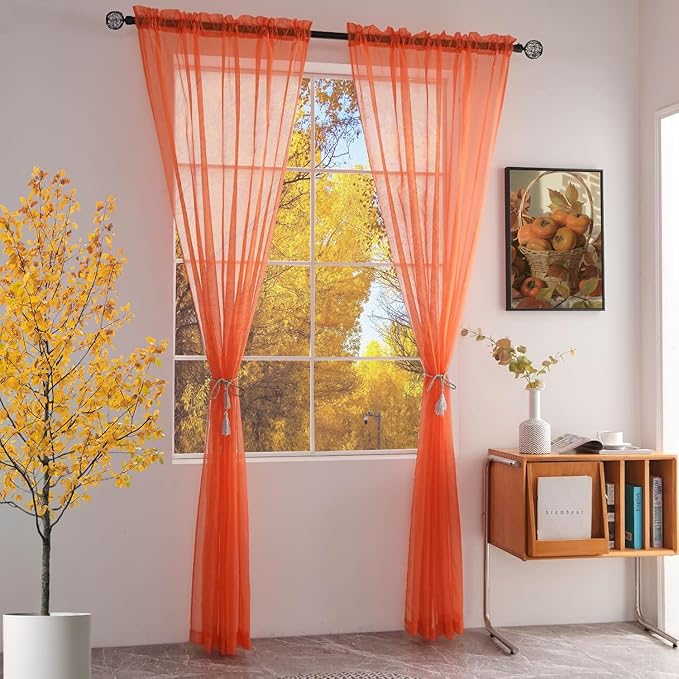 SpaceDresser Basic Rod Pocket Sheer Voile Window Curtain Panels Jaffa Orange 1 Pair 2 Panels 52 Width 90 Inch Long for Kitchen Bedroom Children Living Room Yard(Jaffa Orange,52 W x 90 L)