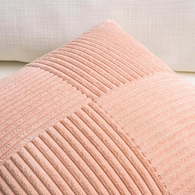 Fancy Homi 2 Packs Peach Big Decorative Throw Pillow Covers 24x24 Inch for Couch Bed Sofa, Rustic Farmhouse Boho Home Decor, Soft Corss Corduroy Patchwork Accent Square Cushion Case 60x60 cm