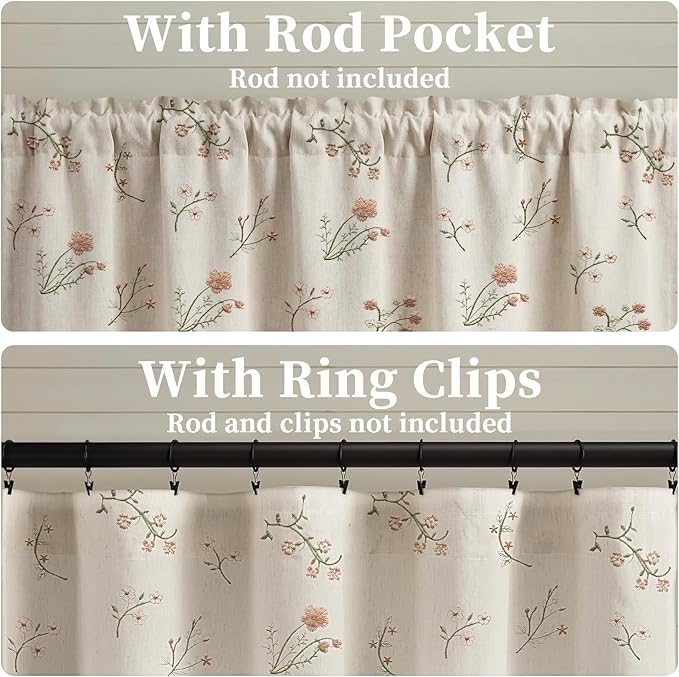 Kitchen Valances for Windows, Floral Embroidered Spring Linen Blend Farmhouse Cottage Vintage Light Filtering Valance Rod Pocket Window Treatment, 52 x 18 Inch, 1 Panel