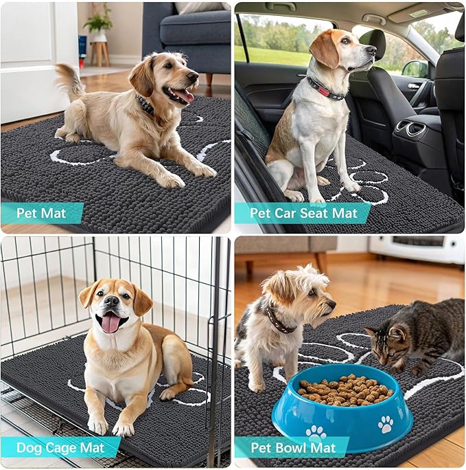 OLANLY Dog Door Mat for Muddy Paws 70x32, Paw Print Design, Absorbs Moisture and Dirt, Absorbent Non-Slip Washable Doormat, Quick Dry Chenille Mud Mat for Dogs, Entry Indoor Entryway Carpet, Dark Grey