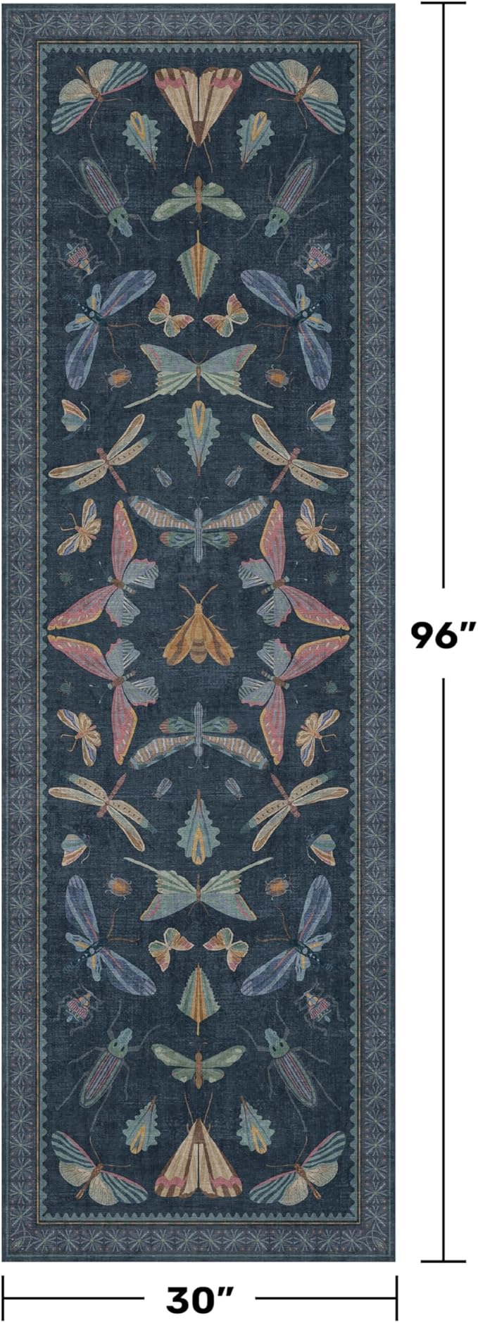 Vintage 2'6"x8' Kitchen Rugs Washable, Non Slip 8ft Long Rugs for Hallway, Stain Resistant Indoor Mats for Entryway, Dark Blue Insect Moth Home Décor, Low Pile & Soft