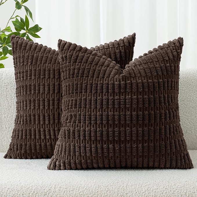 MIULEE Pack of 2 Corduroy Decorative Throw Pillow Covers 20x20 Inch Soft Boho Striped Pillow Covers Modern Farmhouse Home Decor for Sofa Living Room Couch Bed Dark Brown
