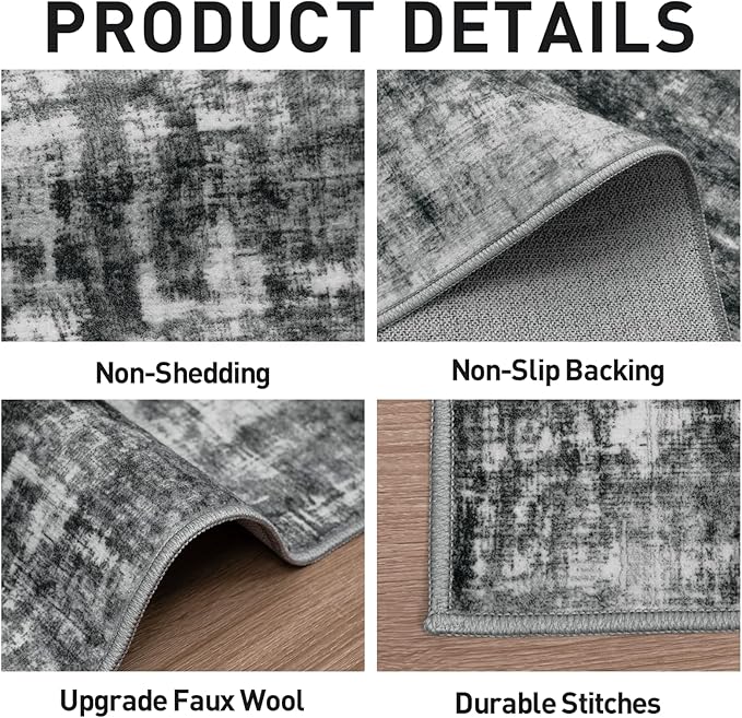 4x6 Area Rugs Washable Rug: Modern Abstract Living Room Rug Soft Anti-Skid Thin Carpet Indoor Floor Non-Shedding Carpets for Bedroom Dining Room Farmhouse Nursery Home Office - Black