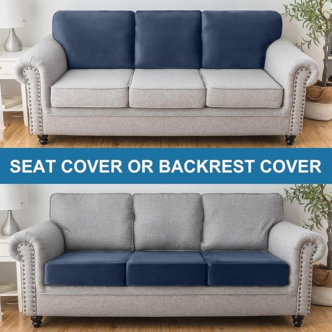 Couch Cover Stretch Velvet Sofa Cushion Cover 3-Piece - Elastic Washable Slipcover for Seat or Backrest, Couch Seat Covers for Sofas (Berlin Blue)