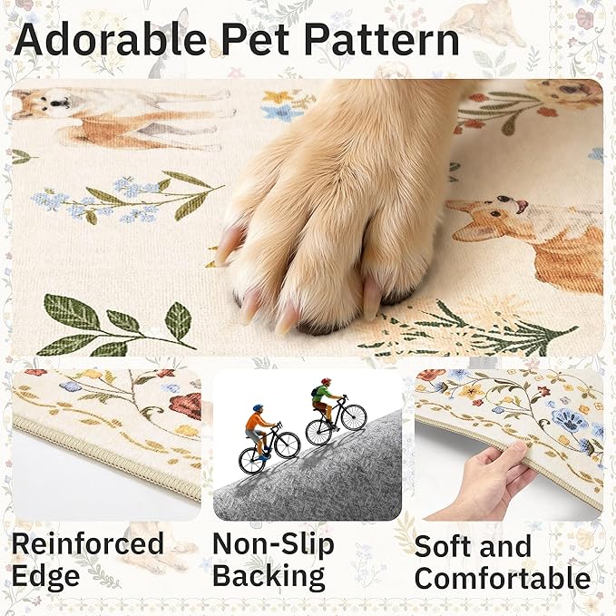 Soalmost Dog 8x10 Area Rugs for Living Room, Machine Washable Animal Floral Vintage Rug Non-Slip Low Pile Soft Throw Large Rugs for Bedroom Dining Room Kitchen Nursery Playroom (8 x 10,Beige)